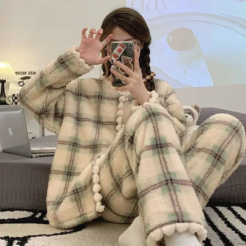 Winter Warm Plaid Sleepwear Casual Women Pajamas Set Ruffles Piiama Pants 2 Pieces Fluffy Button Night Wears Pyjamas Home Wear