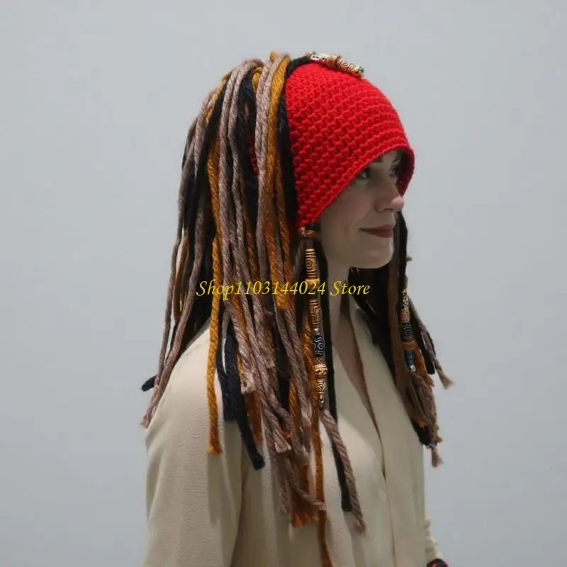 N5KE Pirate Knit Pirate Hat with Attached Braids and Bandana Synthetic Hairpiece for Cosplay Enthusiasts