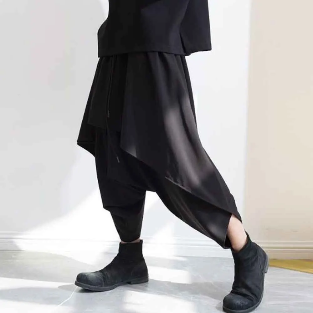 

XS-5XL Mens Autumn Cropped Pants Double Layer Irregular Casual Pants Streetwear Fashion Dark Wide-Leg Pants Men'S Clothing 2025
