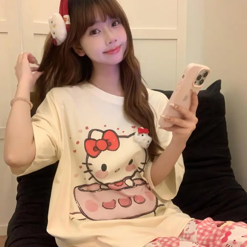 

Sanrio Hello Kitty Spicy Girl Cute Printed Short T Shirt Women Summer Pure Cotton Versatile Slim Fit Y2K Top Aesthetic Clothes