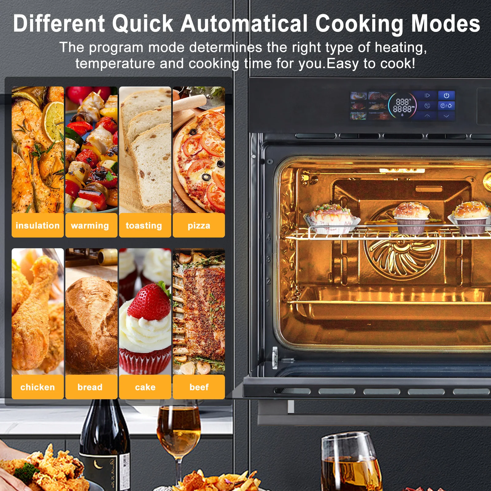 Single Wall Oven 24" Built-In Electric Ovens, 70L, 3000W, 8 Baking Modes, With Air Frying Function, 3D With Led Screen