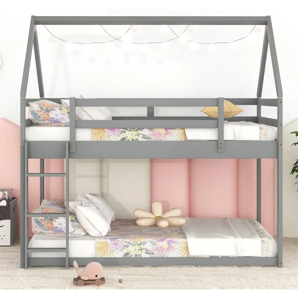 سرير توأم بطابقين للأطفال، أرضية خشبية، سلم ودرابزين، رمادي #3