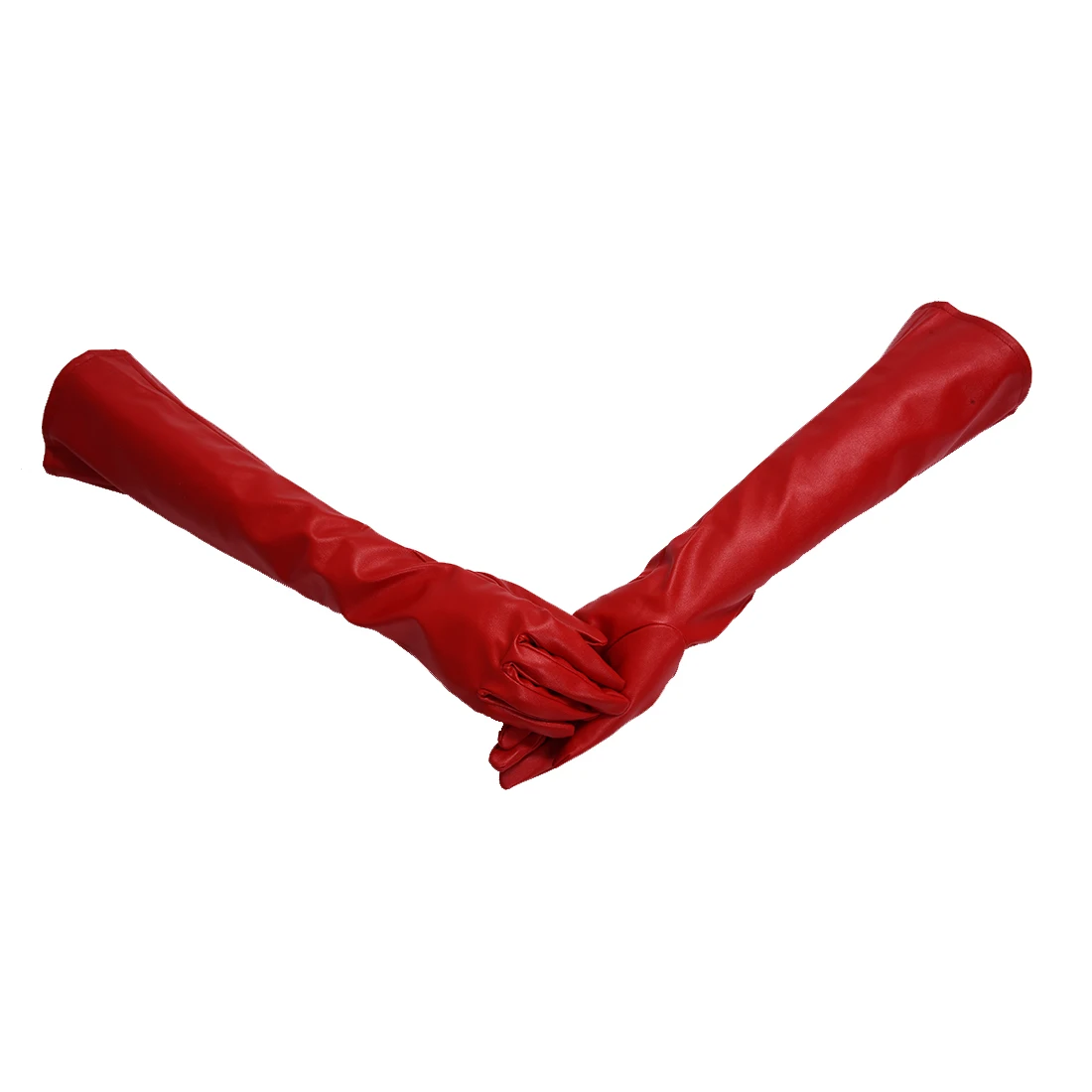 Pair of Stylish Red Solid Color PU Leather Long Gloves For Women