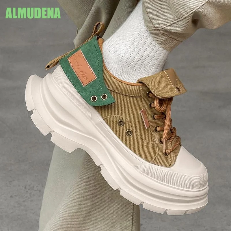 Unisex Lace Up Platform Sneakers Canvas Patchwork Color Block Multi Layer Thick Sole Retro Street Trend Couple Casual Shoes