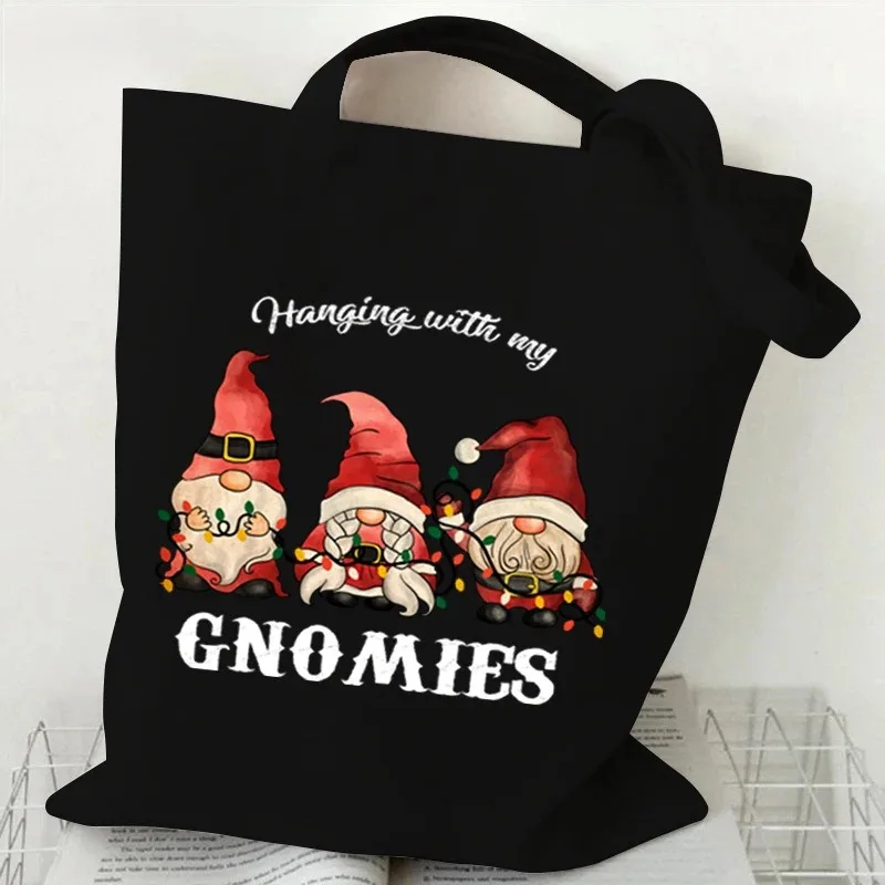 Black Christmas Gnome Tree Tote Bag Christmas Elements Handbag Large-capacity Shoulder Bag for Christmas Holiday Shopping Use
