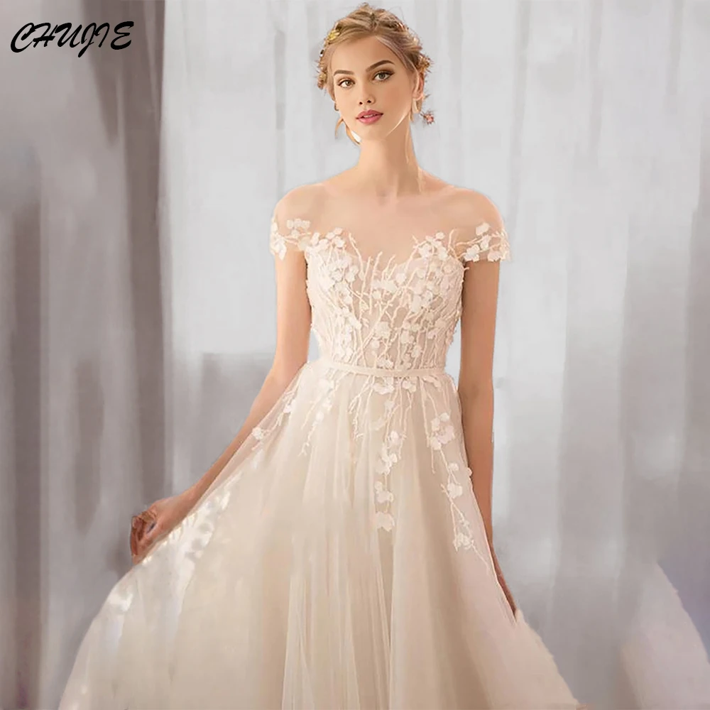 

Champagne Exquisite Appliques Wedding Dresses Cap Sleeve Bridal Gowns Customized Bride Dress Vestido de novia Свадебное платье