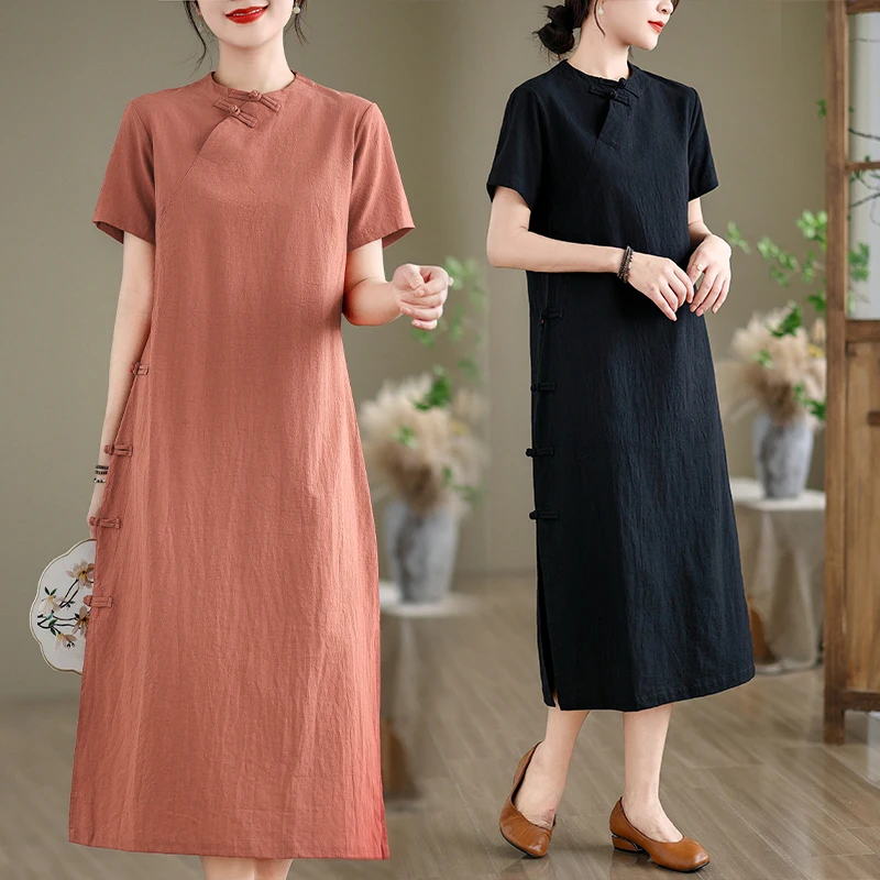 الرجعية الصينية Sle ort Sve القطن الكتان الدكتور المرأة الصيف النسخة الجديدة QiPao Dr طوق زر حتى ميدي طول تنورة