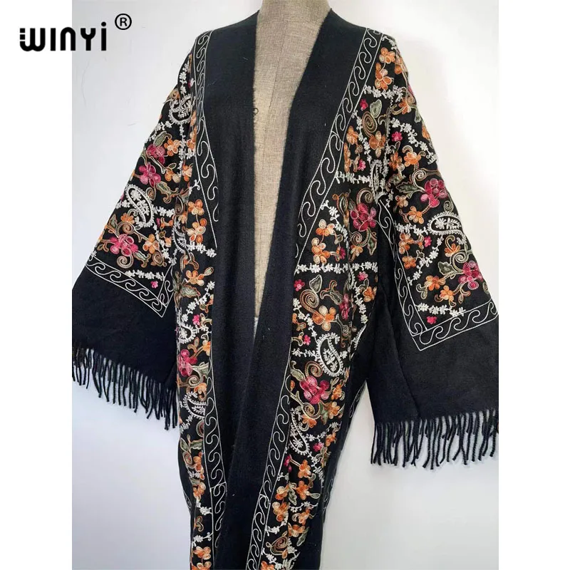 WINYI Winter Women tassel Pashmina Embroidery Long Coat Loose Lapel robe femme Thick Warm free size Middle East Female KIMONO