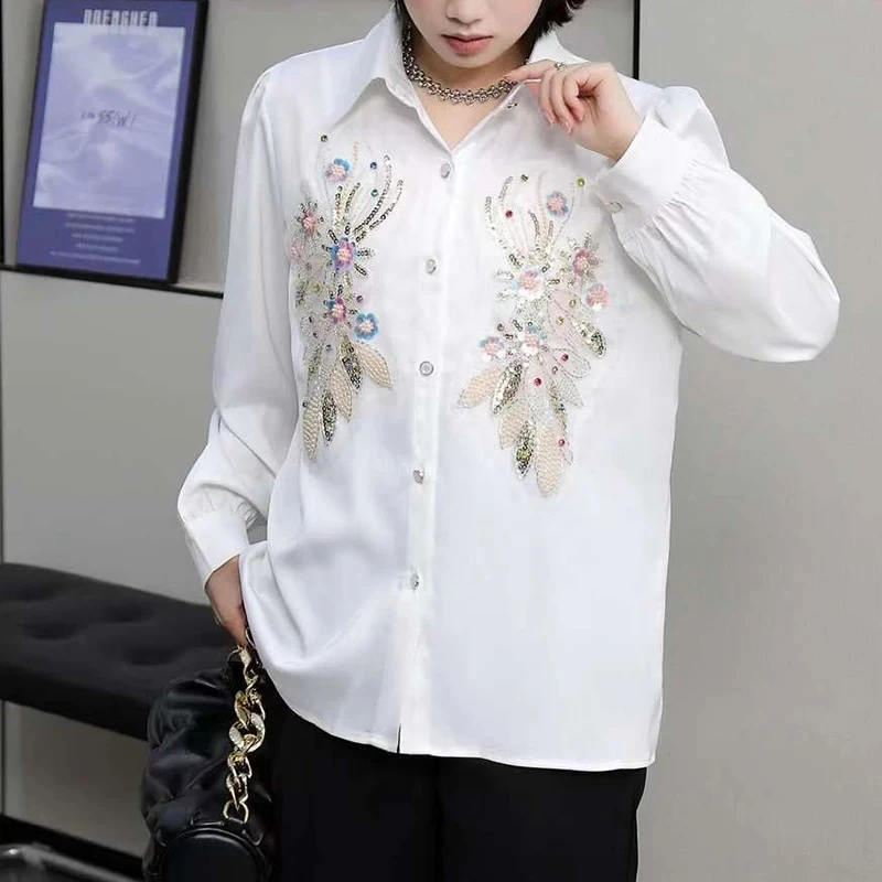 

Women's Shirts & Blouses Long Sleeve Camisas Elegant Luxury Beading Sequined Loose Shirt White Black Tops 2024 Korean Blusas