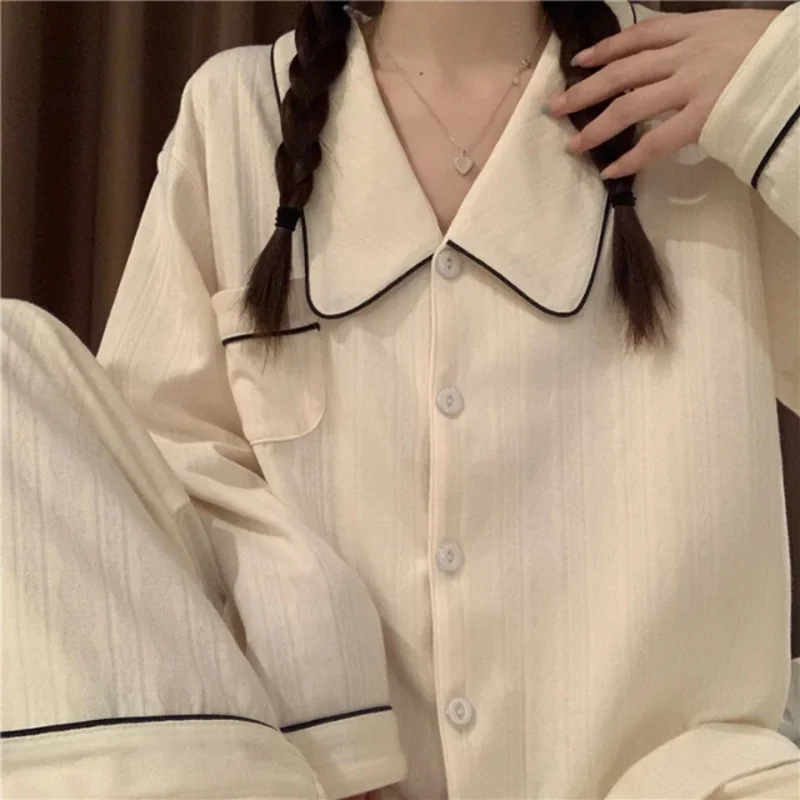 Women Long Sleeve Trousers Soft Pajamas Dormir Lounge Sleepwear Solid White Pajama Mujer Bedroom Home Clothes Female Pyjamas