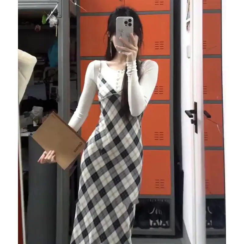 フレンチレトロ風ストラップドレス ストラップドレスセット 初秋長袖トップス ウエストスリムフィットスカート