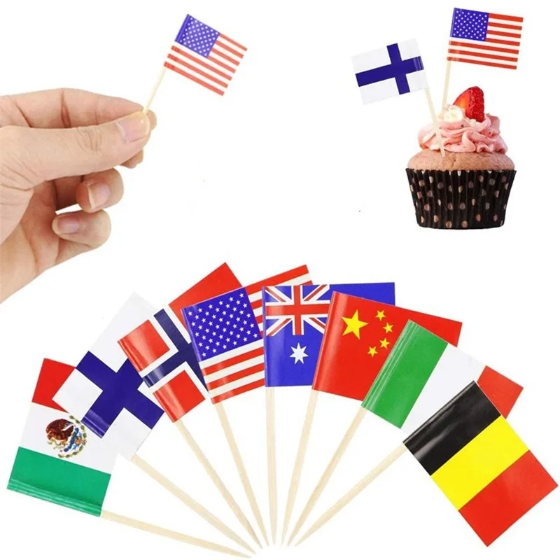 100pcs 65mm Paper National Flag Disposable Toothpick Cake Dessert Fruit Stick Party Food Decoration Supplies