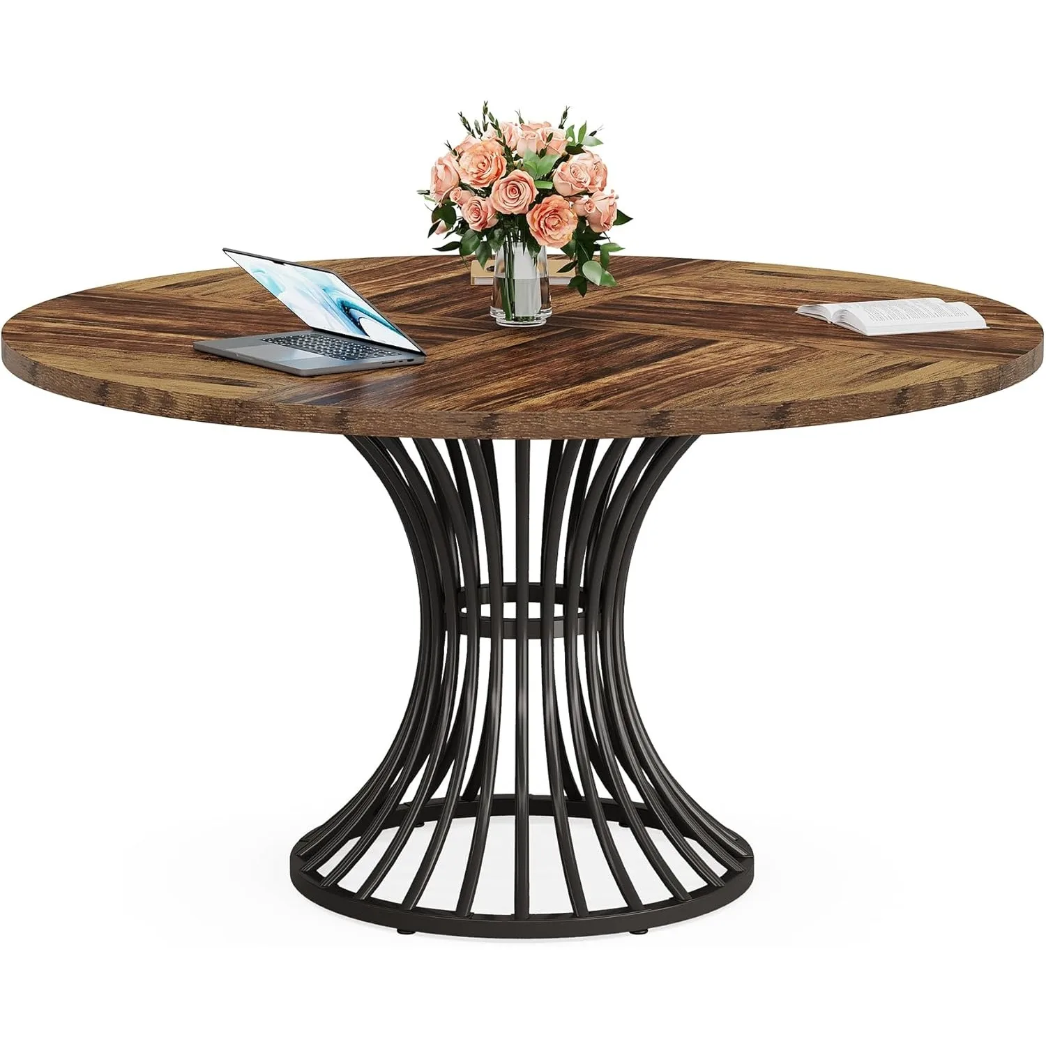 Round Conference Table for 4-6, 47-Inch Conference Room Table with Metal Base, Industrial Meeting Table for Office Meeting Room