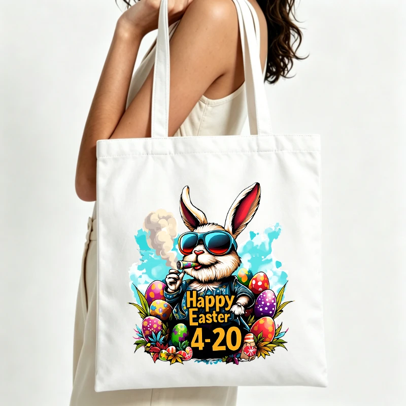 rabbit graphic canvas tote bag with colorful eggs, casual style for Easter celebrations and daily shopping