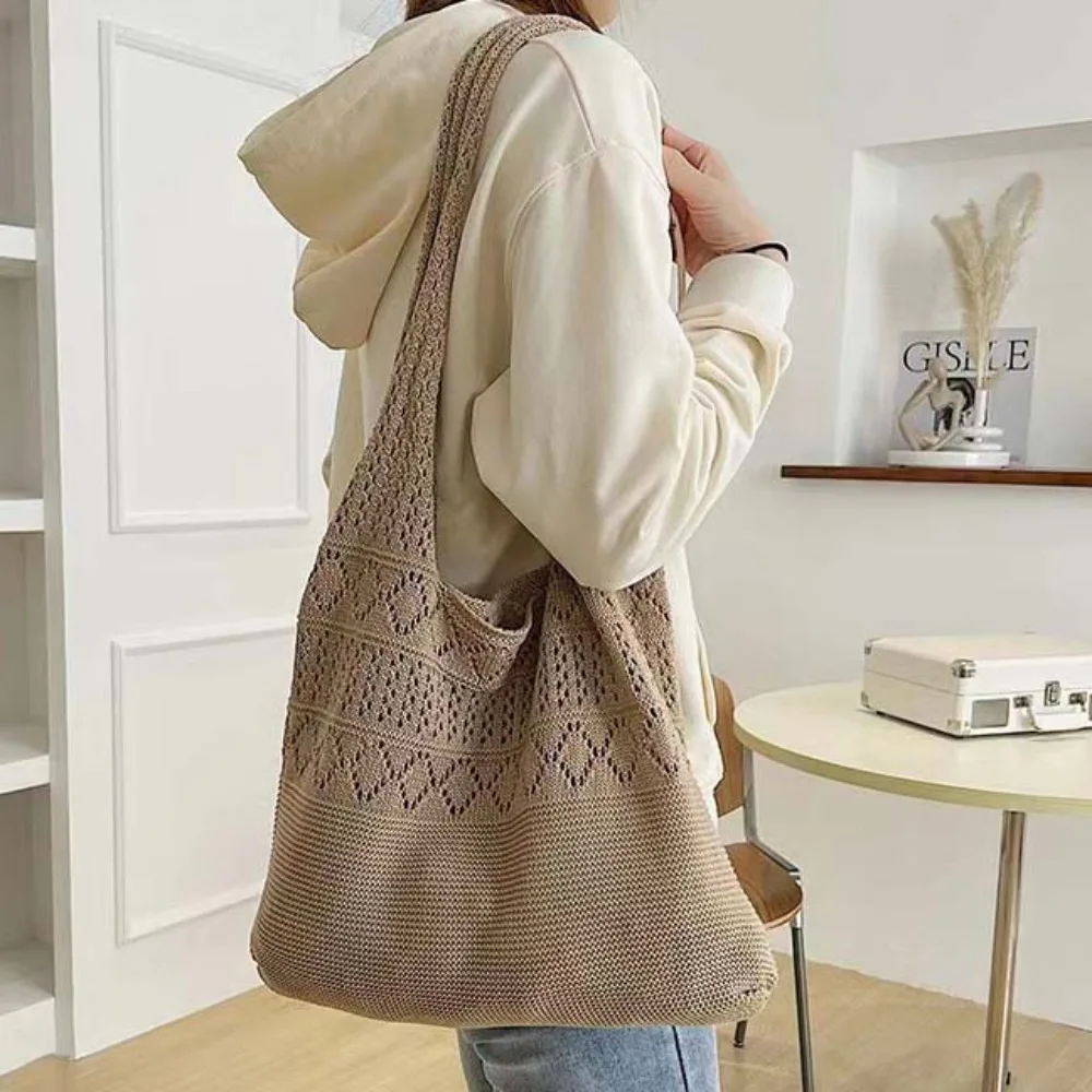 

Printed Sweet Woven Tote Bag Hollow Out Handbag Shopping Straw Bag Breathable Lightweight Summer Beach Pouch Spring