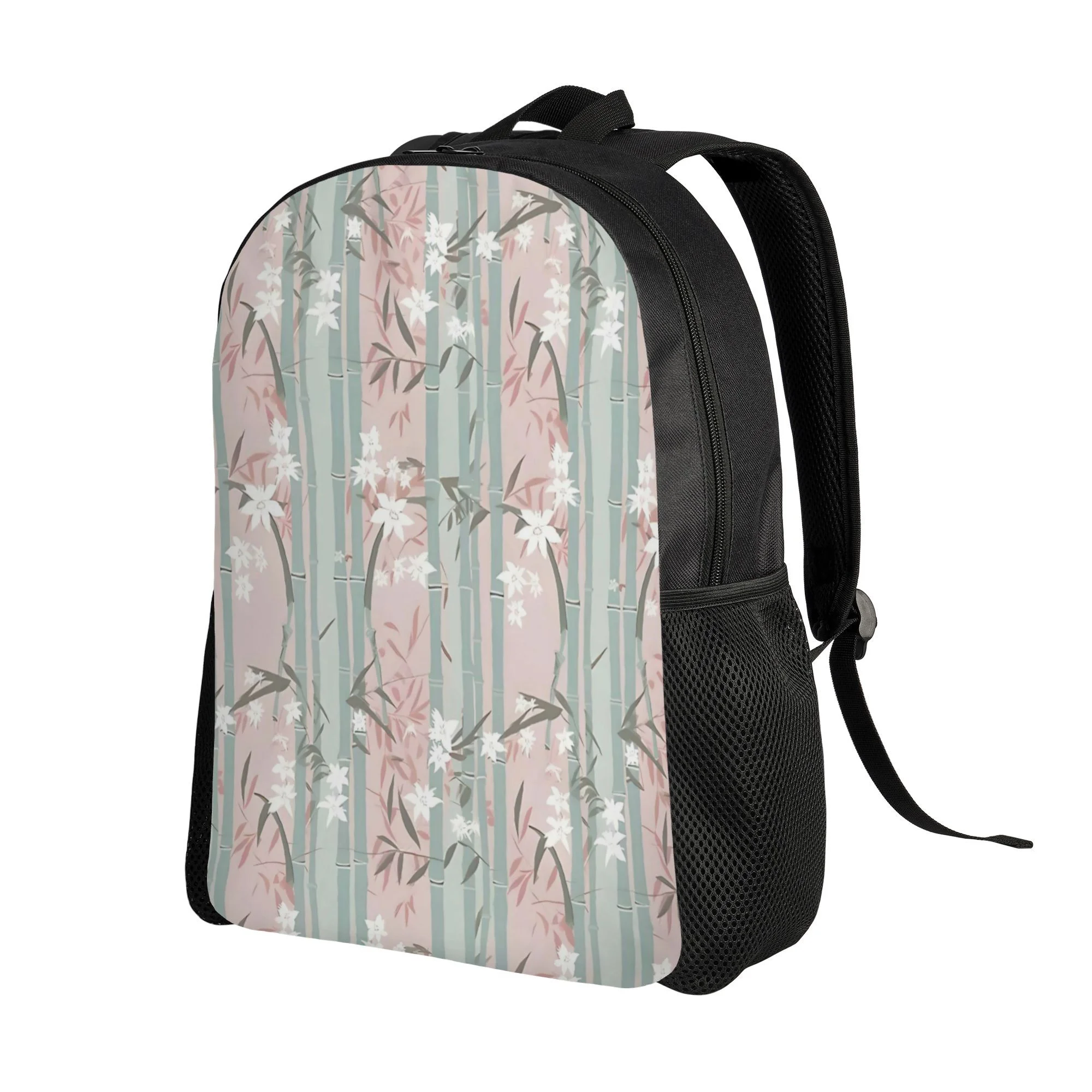 

1 backpack, serene design with bamboo stems and leaves, minimalist Japanese pattern, spacious travel bag