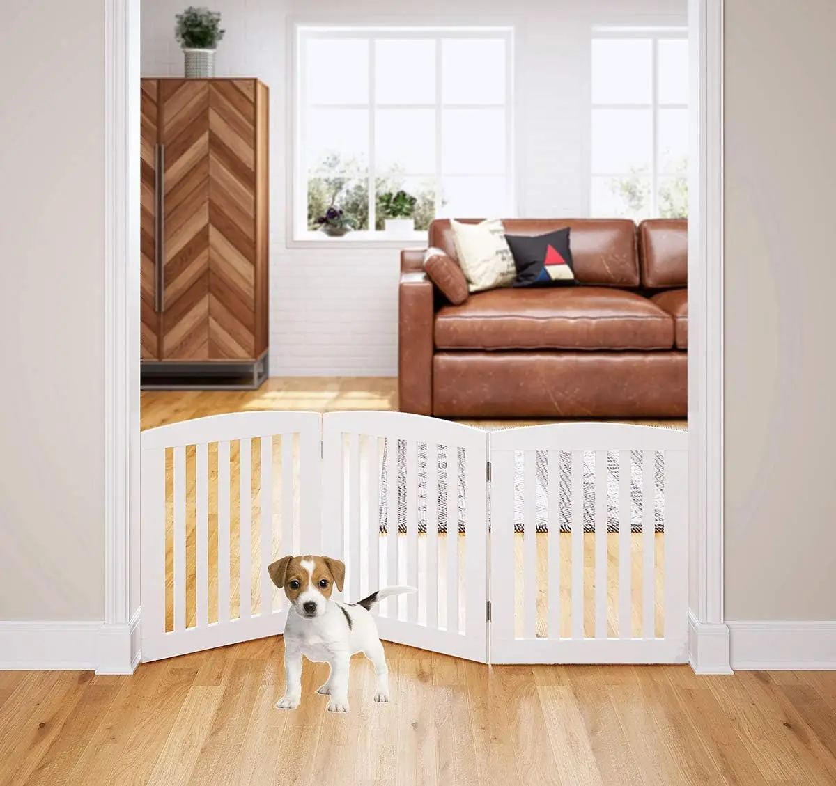 Wooden Freestanding Foldable Pet Gate for Dogs, 24 inch 3 Panels Step Over Fence, Dog Gate for The House