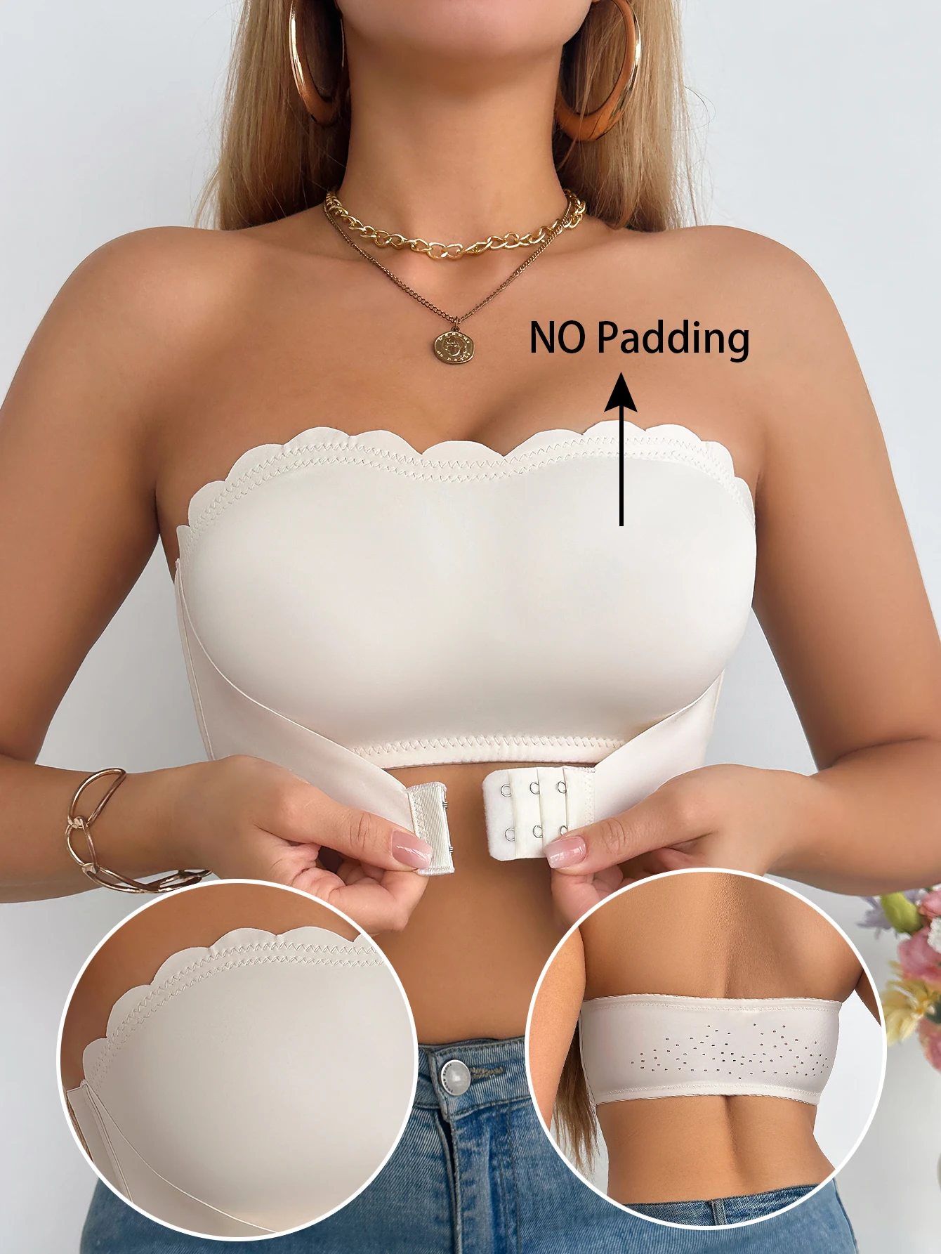 3-Pack Bra Bandeau Wanita Tanpa Tali Tanpa Bantalan Tanpa Jahitan dengan Penutup Depan Push-Up Tak Terlihat Minimizer