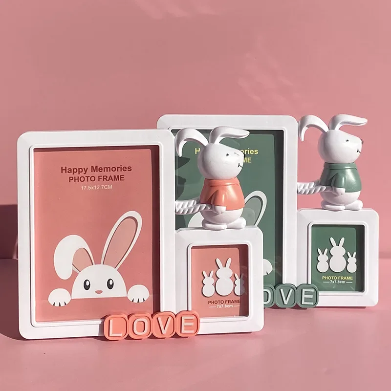 Creative 7-Inch & 3-Inch Bunny Themed Photo Frame Set Cartoon Desktop Display Frames Stylish Picture Frames Home Decor