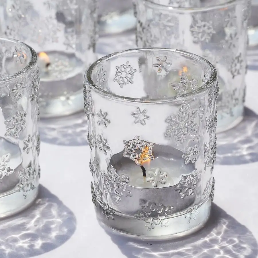 

24 шт. подсвечник для чайных свечей с приподнятым дизайном снежинки, стеклянный подсвечник для зимних праздников, прозрачные подсвечники для обетов