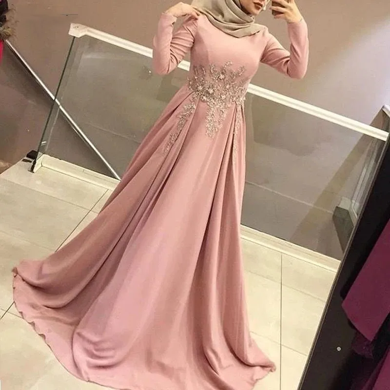 

Flora Dress Pink Satin Muslim A-Line Evening Dresses Dubai Applique Long Sleeves Side Slit Off Shoulder Morocco Wedding Gowns