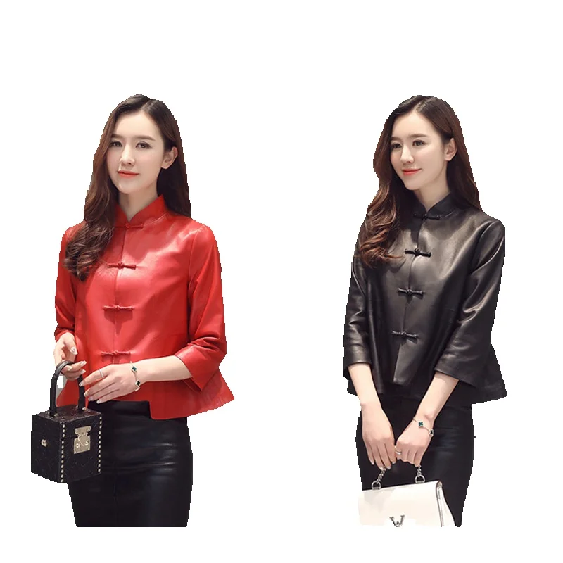 Spring New Women's Genuine Leather Coat Sheepskin Coat Short Standing Collar Chinese Classical Women's Wear