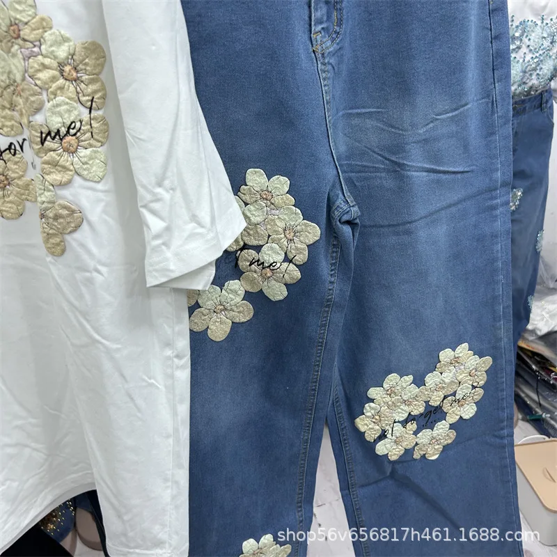 2026 New Spring Summer Women Two-piece Set Patch Flowers White Short Sleeve T-shirt Top + High Waist Wide Leg Straight Jeans