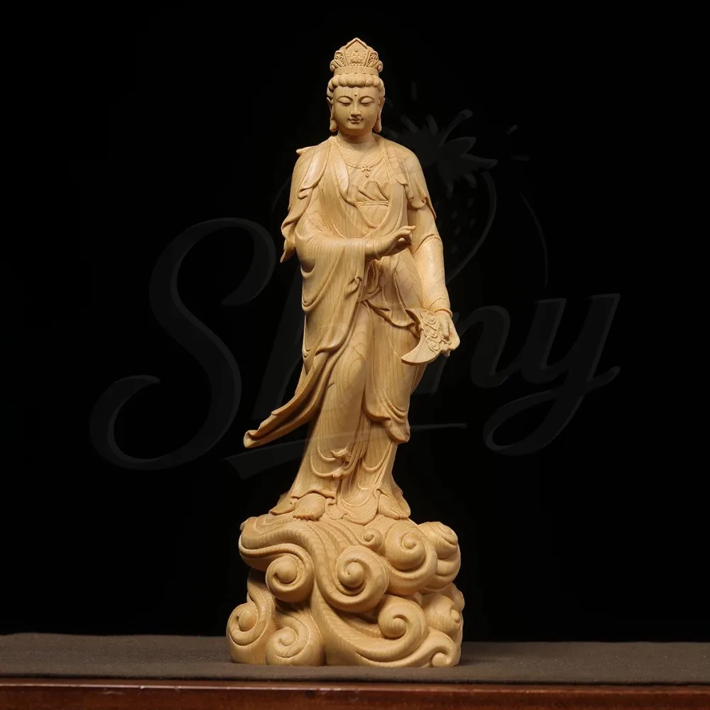 Juniper Wood Fine Carving Sun and Moonlight Guanyin Buddha Statue Ornaments Glazed Guanyin Home Temple Offerings