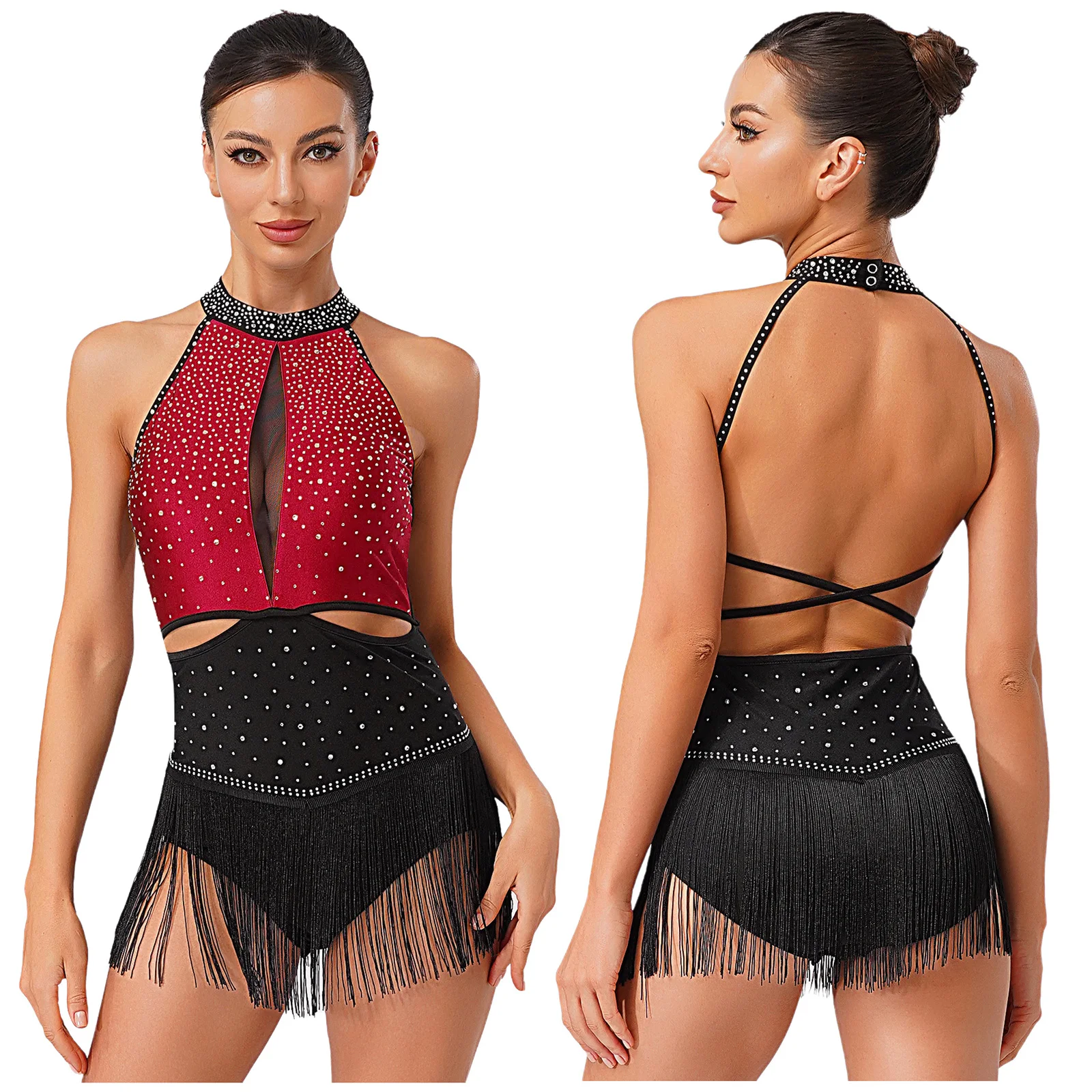 Women Tassel Latin Jazz Dance Bodysuit Cha-cha Samba Rumba Ballroom Gymnastics Costume Sleeveless Rhinestones Mesh Leotard