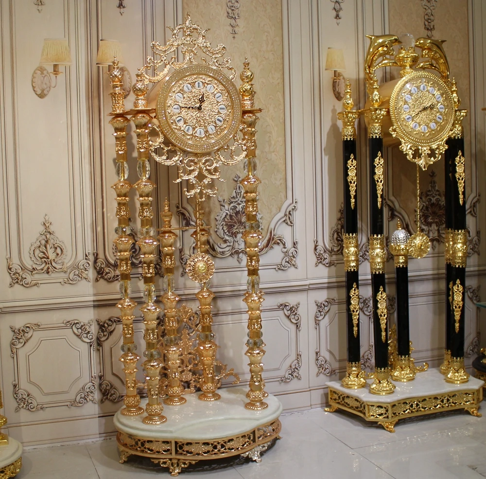 Luxury Gold Bronze Grandfather Bell Royal Crystal Standing Clock Antique Floor Clock