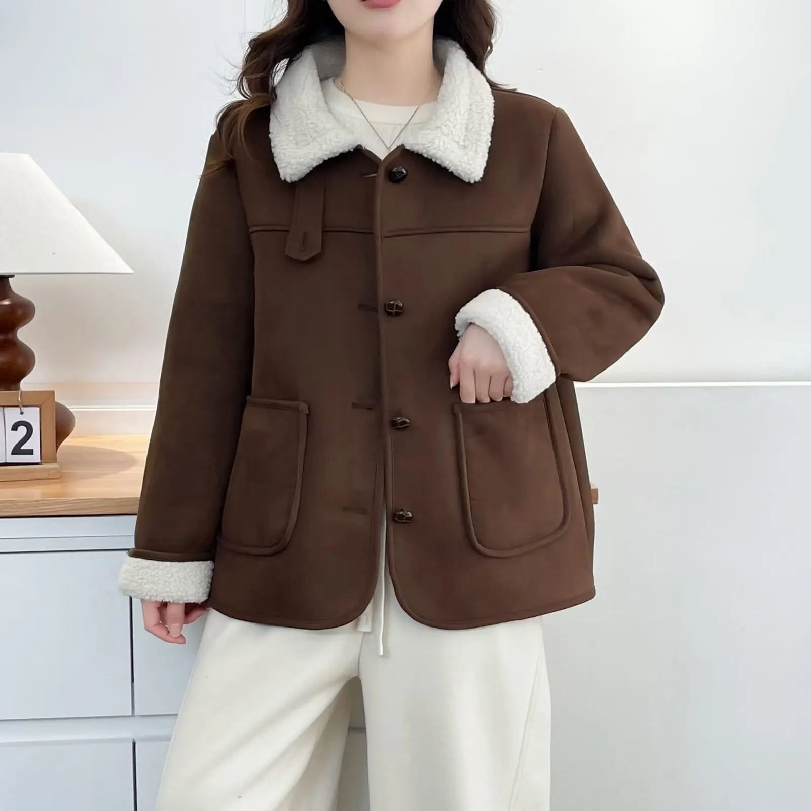 

XXXXL модная женская одежда больших размеров, парки, зимняя новая замшевая флисовая куртка, теплые пальто с воротником-стойкой 1062