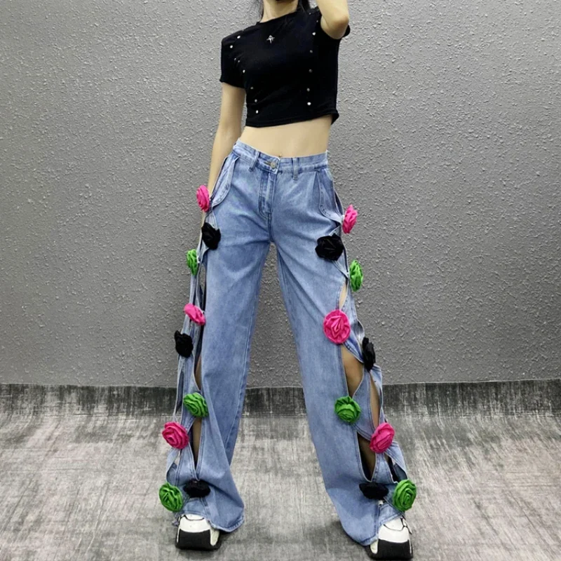 Women Colorful 3D Flowers Hollow Out Jeans Floral Denim Trousers Pockets Straight Wide Legs Cowboy Pants High Waisted Pantalon