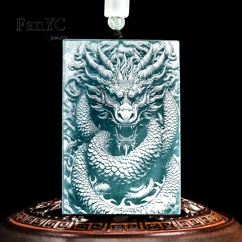 

Myanmar Jadeite Blue Water Shadow Carving Chinese Dragon Pendant Simple Exquisite Ice Jade Necklace Men and Women Holiday Gift