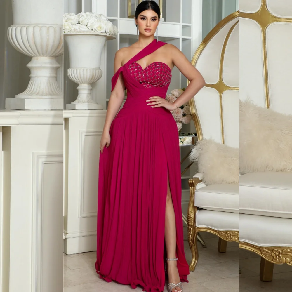 

Customized Exquisite Pastrol Jersey Sequined Pleat A-line Off-the-shoulder Long Dresses Bespoke Occasion Simple