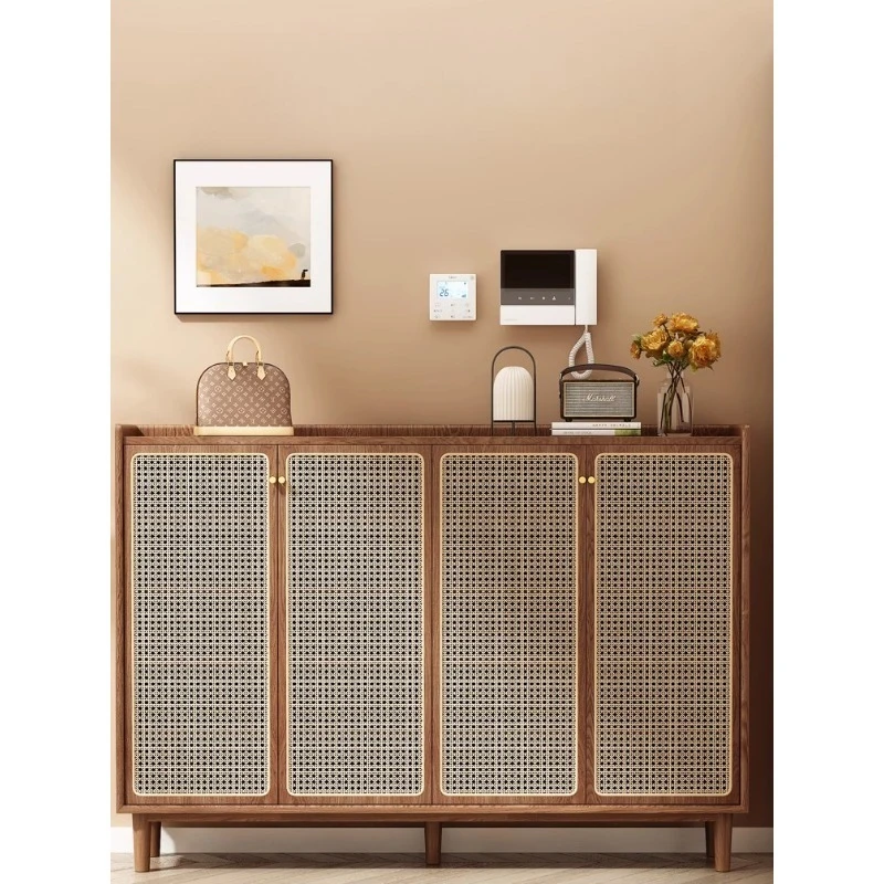 

Home entrance solid wood shoe cabinet, living room rattan entrance storage shoe rack
