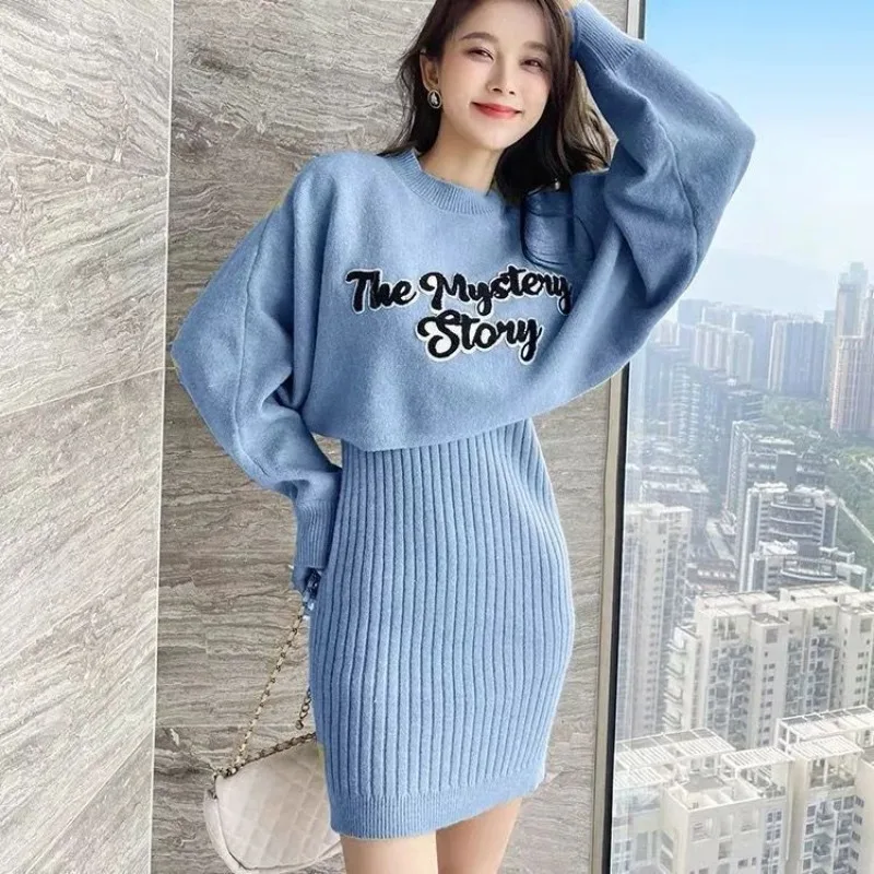 Women\'s Two Piece Set Dress Female Outfits Kawaii Midi Commuting Knit Green Long Sleeve Crochet Clothing Trend 2024 Stylish Full