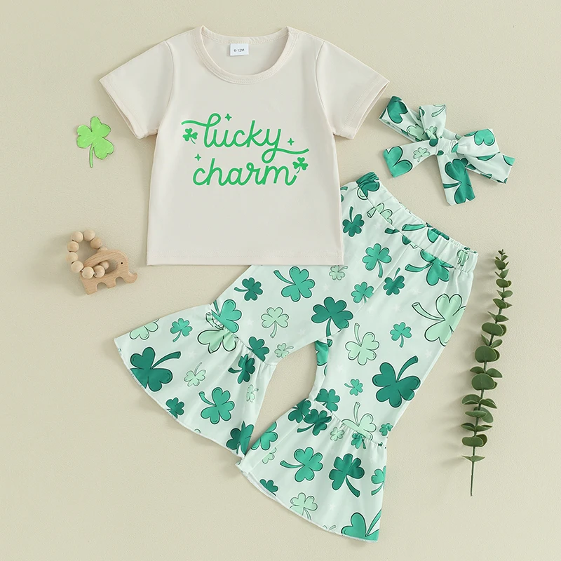 

Lioraitiin Toddlers Baby Girls Clothing Lucky Charm Short Sleeve Tops Tee Shirt Bell Bottoms Flare Pants Headband Outfits Set