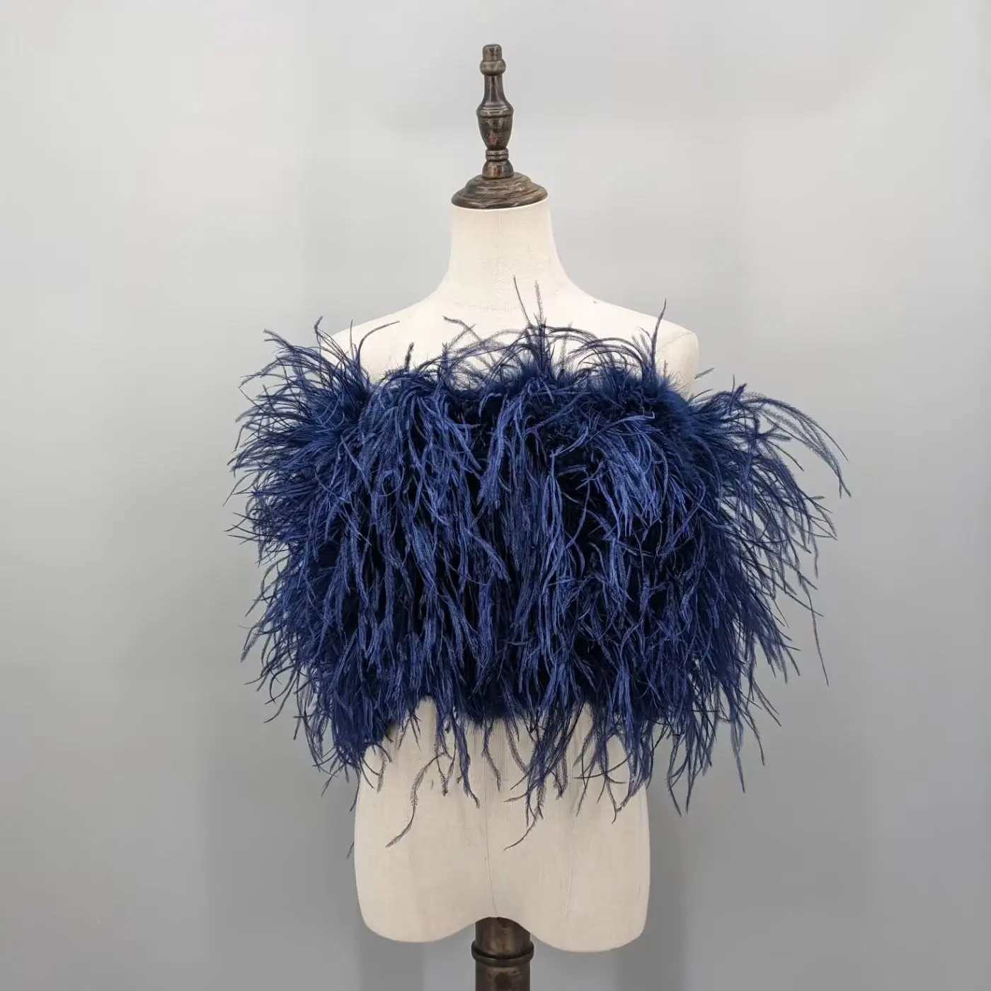 Women Navy Blue Real Ostrich Feather Strapless Tube Top Off Shoulder Fluffy Crop Bustier Wedding Party Banquet Club Top 21A0701