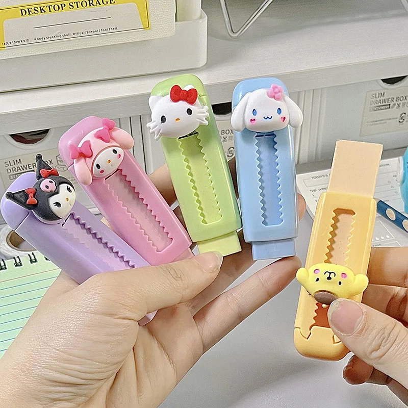 Cute Hello Kitty Push Pull Eraser Kawaii Cartoon Sanrio Kuromi Cinnamoroll Eraser Student Reward Stationery Gift School Supplies