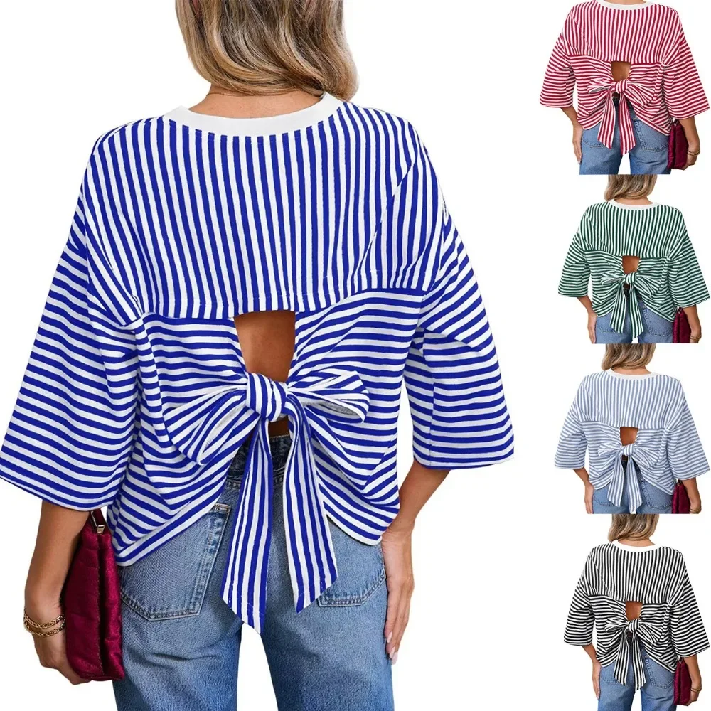 Women Crew Neck Striped Blouse Back Cutout Tie Bow Loose Casual Short Sleeve Fashion Tops