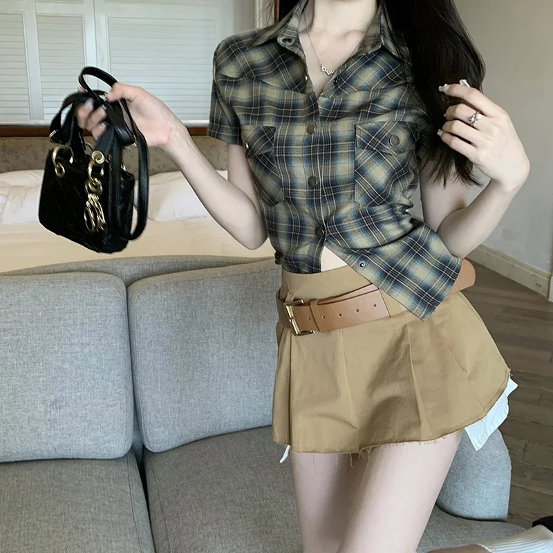 2025 Blusas Muje De Moda Summer Blouse for Women Slim Fit Vintage Plaid Shirts Short Sleeve Pocket Casual Blouses Tops Femme