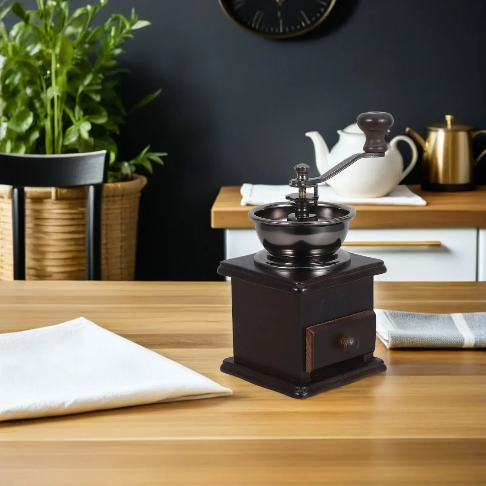 Wooden Manual Coffee Grinder Dark Brown Vintage Style Hand Operated Bean Mill Household Espresso Drip Brew Portable Handheld