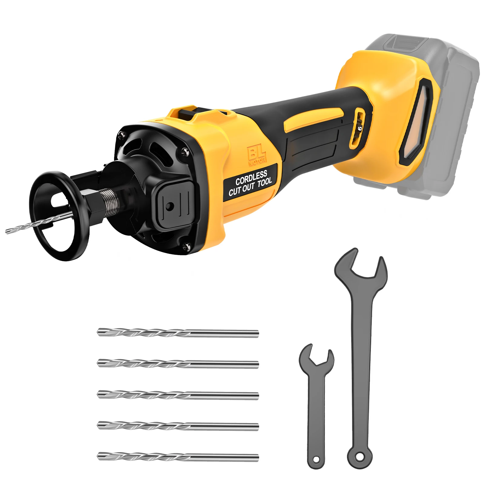 Brushless Drywall Cutout Tool Kit, Compatible with DEWALT, 6-Speed, One-Touch Spindle Lock, On-Board Bit Change, Tool-Free Depth Adjustment, with Open-End Wrenches, 5pcs 1/8" White Pointed Milling Bits, English Manual, Kraft Color Box