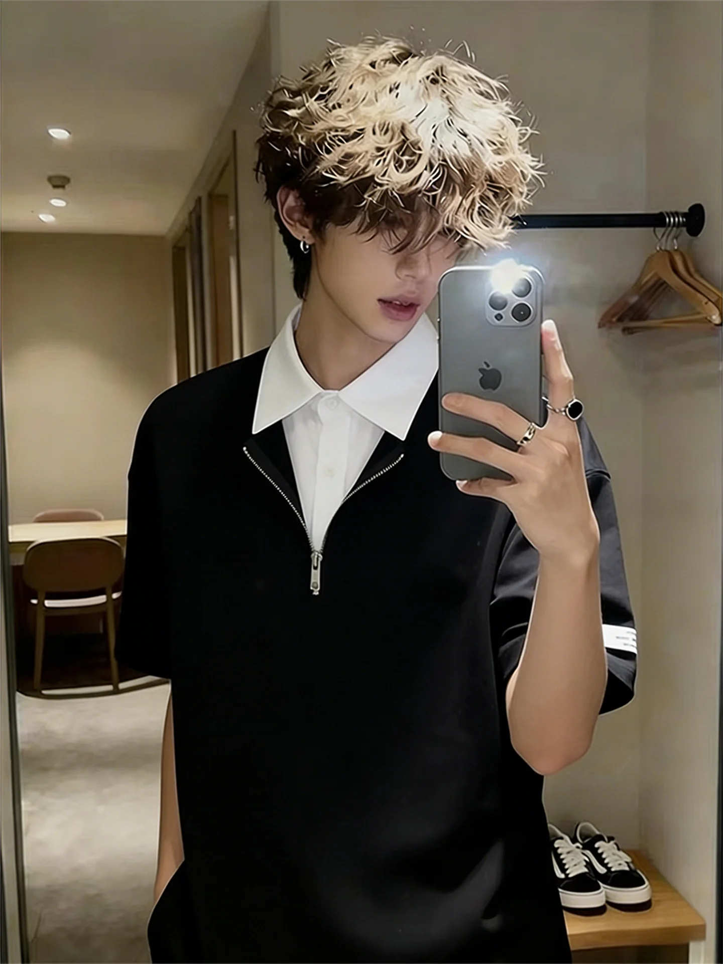 White Shirt Collar  Shirt Short Sleeve Men's American Style Half Zipper Flip Collar Shoulder T-Shirt High-End Half Sleeve