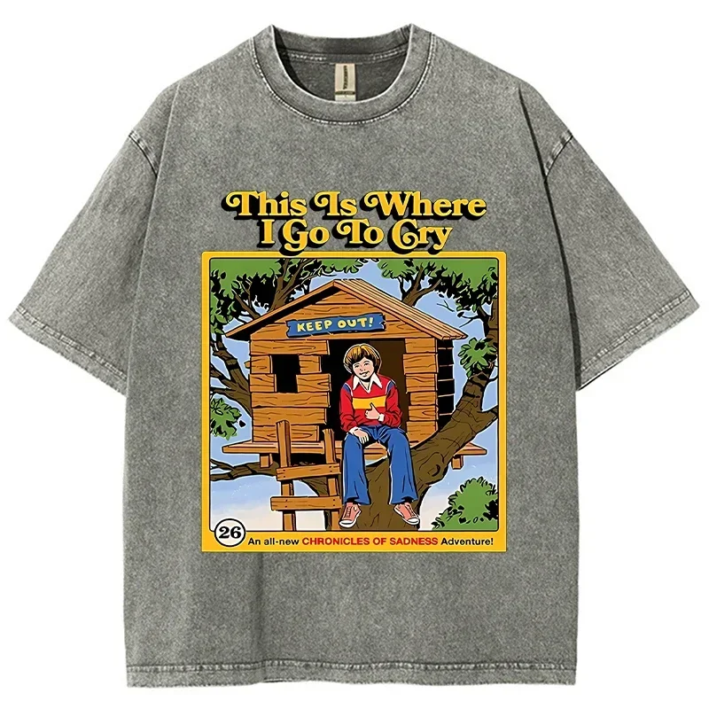 This Is Where I Go To Gry Cartoon Pattern Unisex Men Women Multi-Color Short Sleeved Oversized Loose Tee Printed Washed T-Shirt