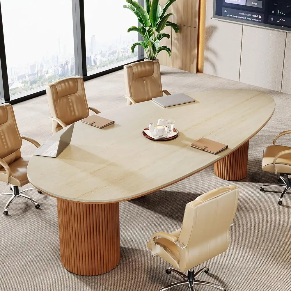 

Oval Stone Tabletop Conference Table with Three Wooden Legs, Suitable for 6 People, Ideal for Large Meeting Rooms or Offices
