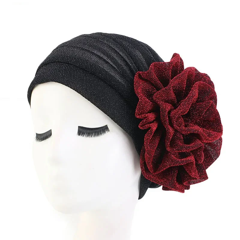 ผู้หญิง Hijabs Elegant SHINY Turban ดอกไม้ใหญ่ Headscarf หมวก Headwrap มุสลิม Hijab Chemo หมวก Bonnet Beanies Shimmer Headwear ใหม่