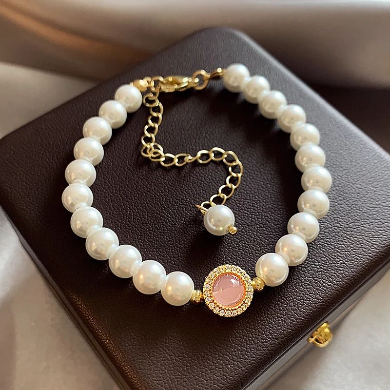 2024 Luxury Design Pink Opal Pendant Bracelets For Women\'s Girl‘s French Elegant Pearl Beaded Bracelet Sweet Accessories Jewelry