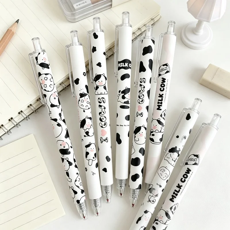 6Pcs Cute Cow Print Click Gel Pen Set,Smooth Writing Neutral Pens for Student Exams,Daily Study Stationery & Holiday Small Gifts