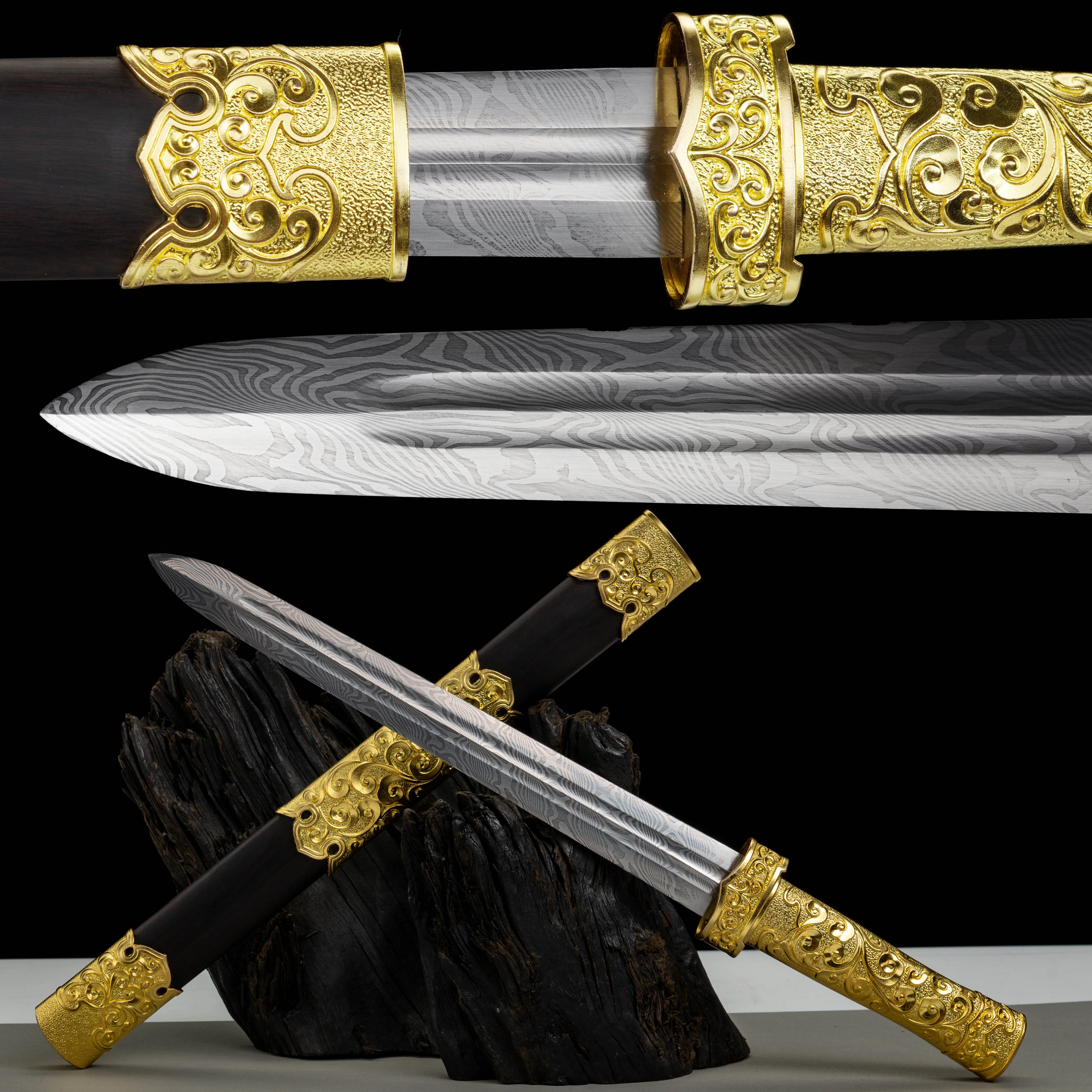 

50cm Medieval gold guard sword Damascus steel - Folding sharp samurai sword katana weapons High-end gift Battle ready full tang